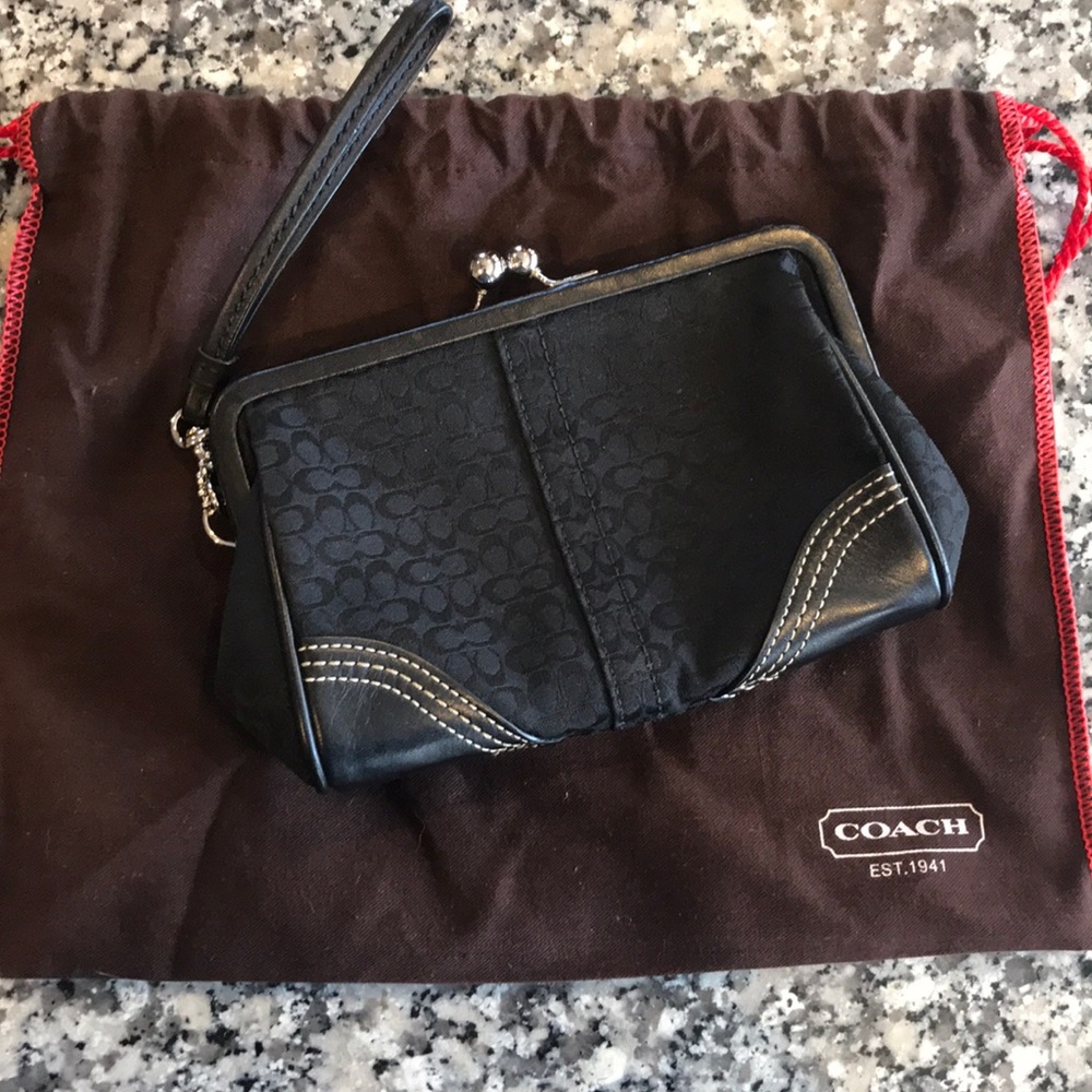 Coach black signature pinch top wristlet